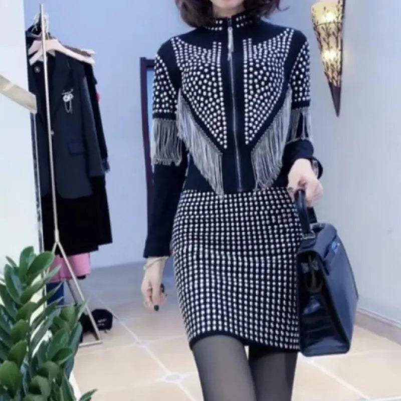 Maxy Elegant Spring Autumn Punk Fashion Rivet Matching Sets Women's Tassel Zipper Stand Collar Long Sleeve Sexy Slim Dress Sets