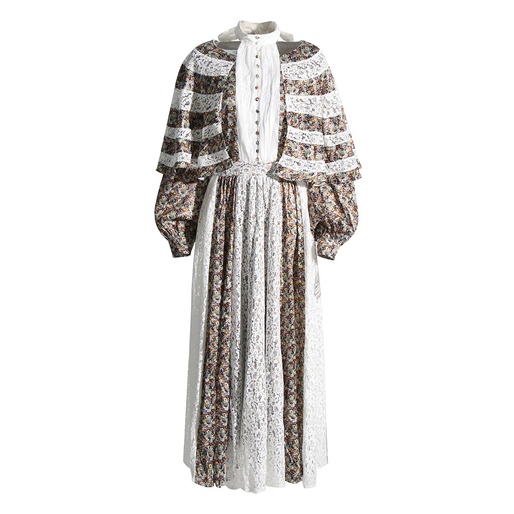 Maxy Hit Color Printing Hollow Out Dresses For Women Stand Collar Long Sleeve High Waist Spliced Button Temperament Dress Female