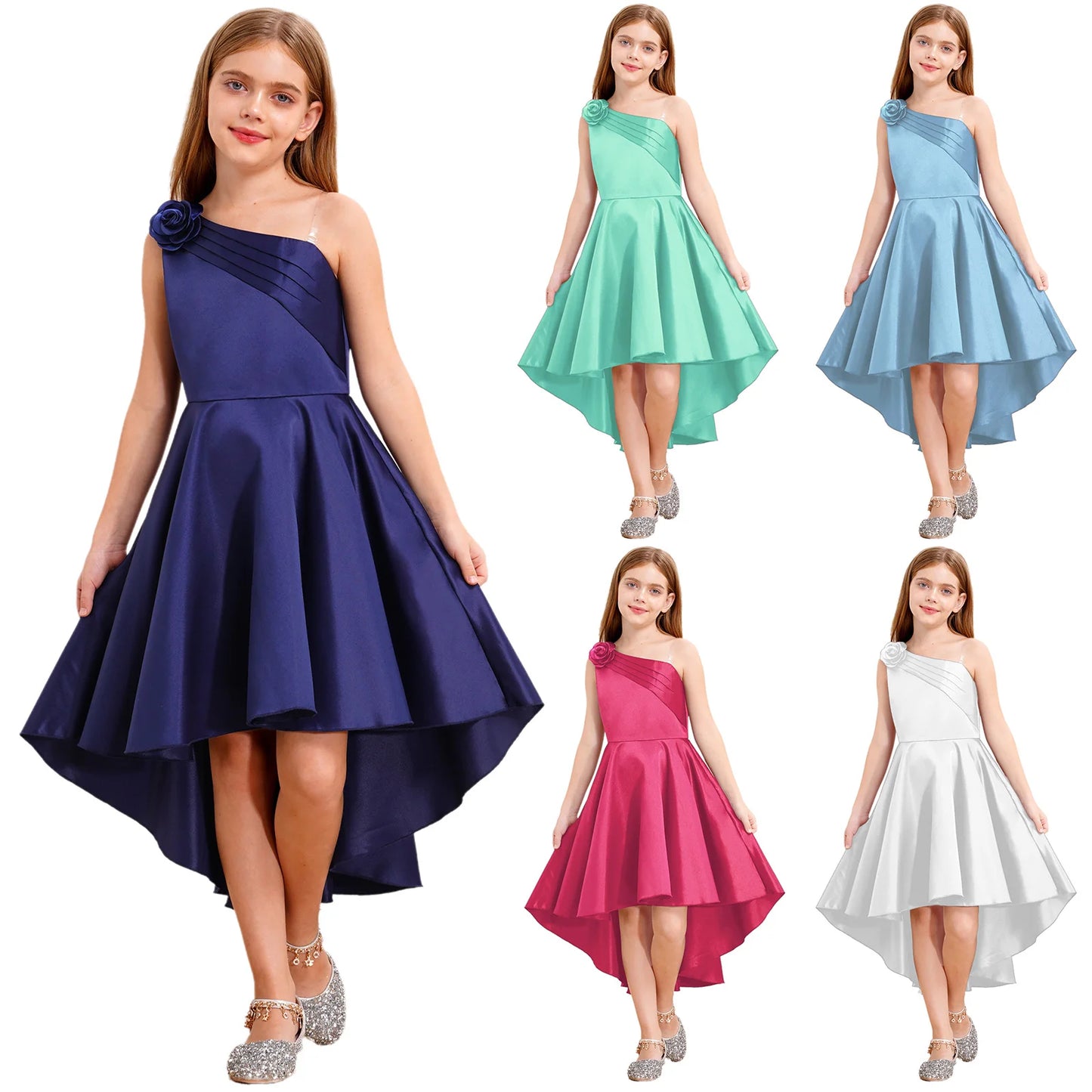 Maxy Princess Kids Flower Girls Elegant Wedding Party Dress One Shoulder Irregular Hemline Dresses Pageant Evening Birthday Banquet Prom Gown