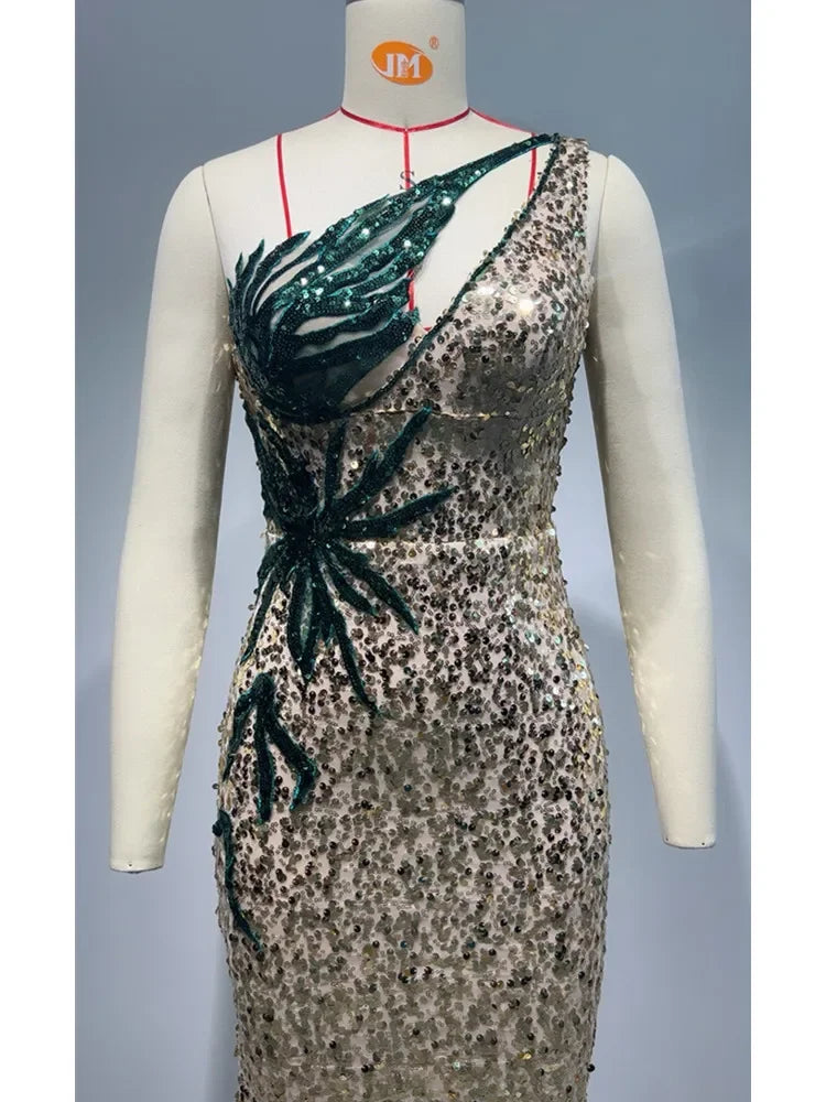 Maxy Ready Dress Women Luxury Gold Sequines Gilliter Sparky Green Leaf Embroidery SlimLong Birthday Celebrity Evening Gowns