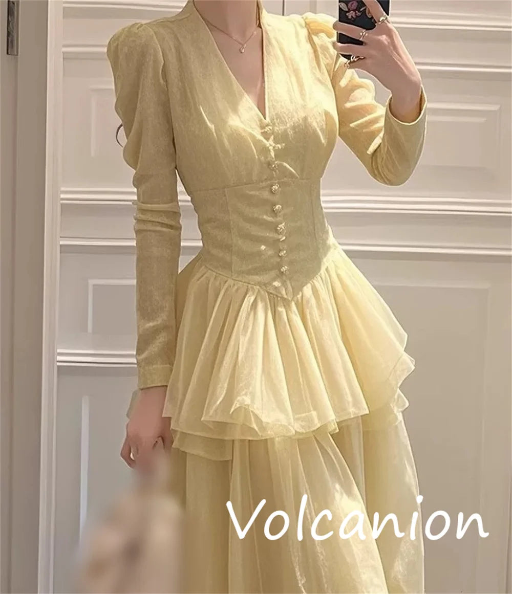 Maxy Customized Fashion Classic Organza Button Pleat A-line V-neck Long Dresses Bespoke Occasion Sizes Available
