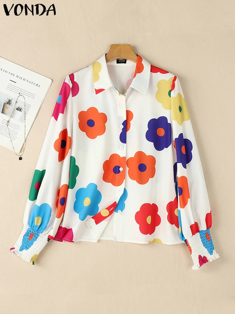 Maxy Plus Size 5XL Casual Floral Printing Loose Tops Women Shirts Lapel Collar Blouses Top Lantern Long Sleeve Tunic