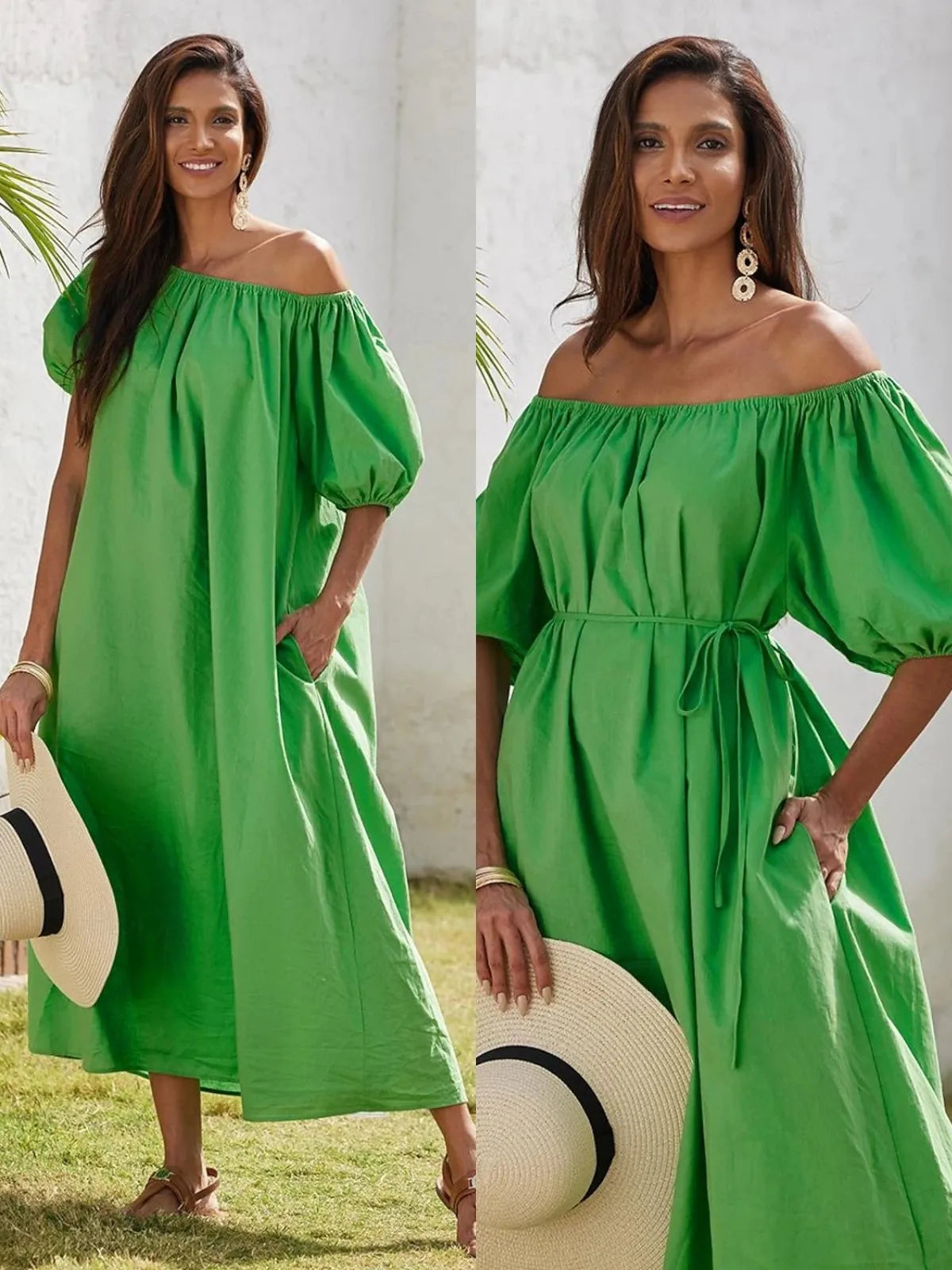 Maxy New Dress Casual Puff Sleeves Slant Shoulder Elegant Dress Fashion Green Loose Office Holiday Beach Party Dresses Robe Femme