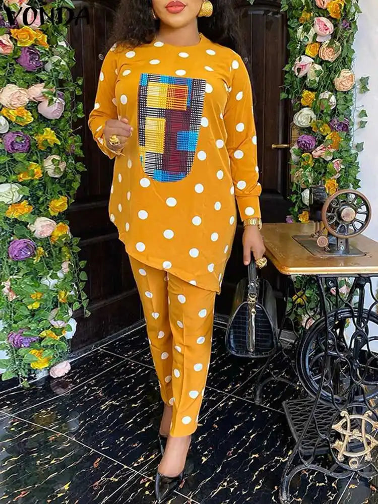 Maxy Plus Size 5XL Printed Pant Sets Women Autumn Long Sleeve Tops and Pants Polka Dot Sets Casual Loose 2PCS