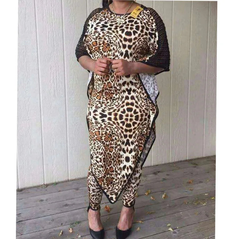 Amay Dashiki African New Fashion Suit (Dress and Trousers) Bat Sleeves Leopard Grain Sexy Super Elastic For Lady(BW01#)