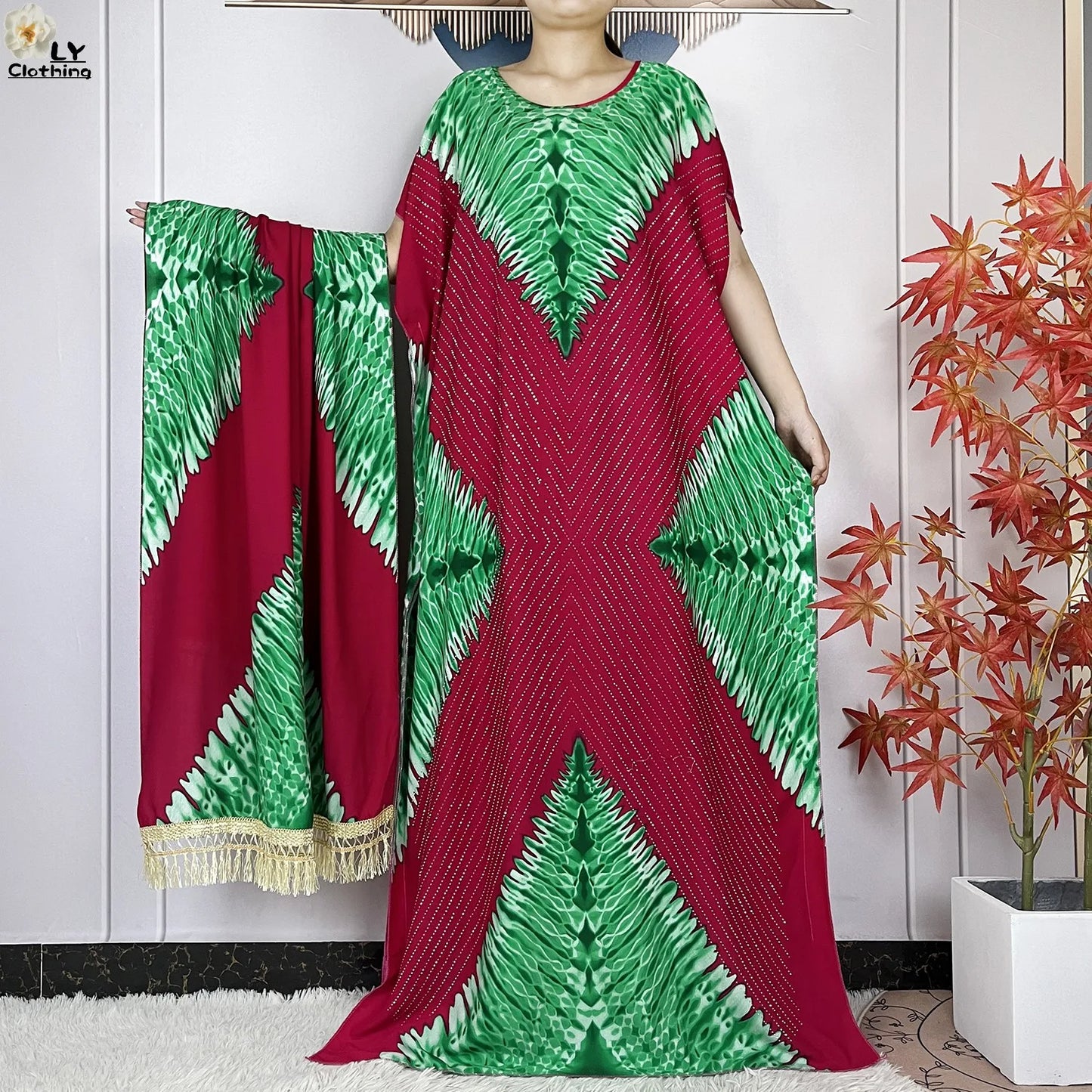 Maxy New Muslim Women Dashiki Printed Dress Flower Diamonds Loose Dress With Big Scarf Islamic African Women Short Sleeve Abaya