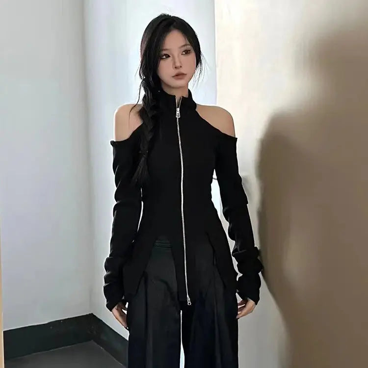 Amay New Stand Collar Zipper Tops Women Off Shoulder Long Sleeve T-shirts Y2k E-Girl Slim Fit Halter Knitted Tee Shirt Sweater