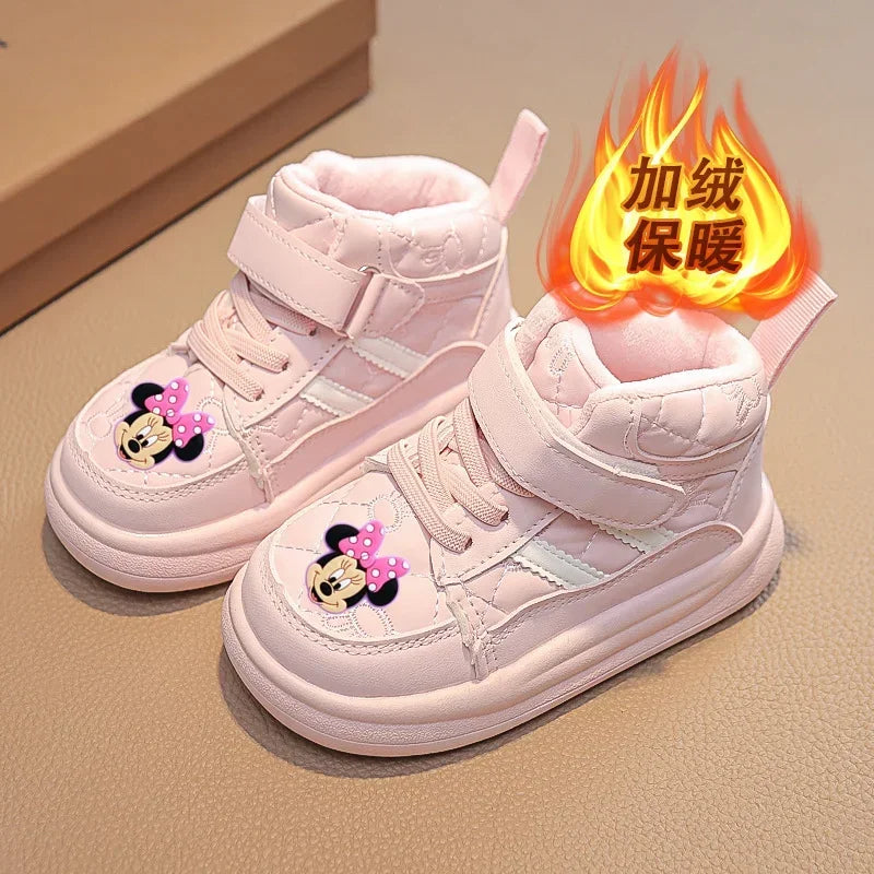 Maxy Disney Mickey Mouse Autumn and Winter Children's Casual Shoes Plus Velvet Warm Fashion High Top Board Shoes Boys Girls Sneakers