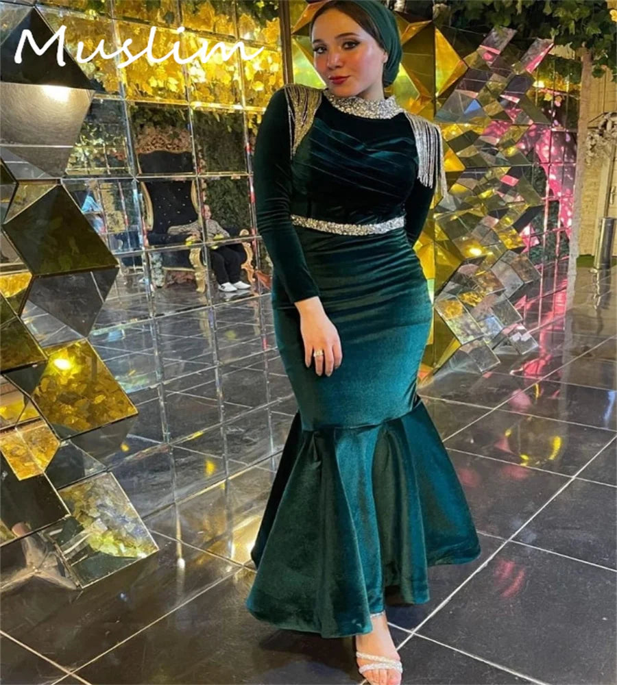 Maxy Exquisite Green Turkey Evening Dress Crystal Tassel Mermaid Midi Prom Dress Velvet Birthday Gown Fiesta Customized