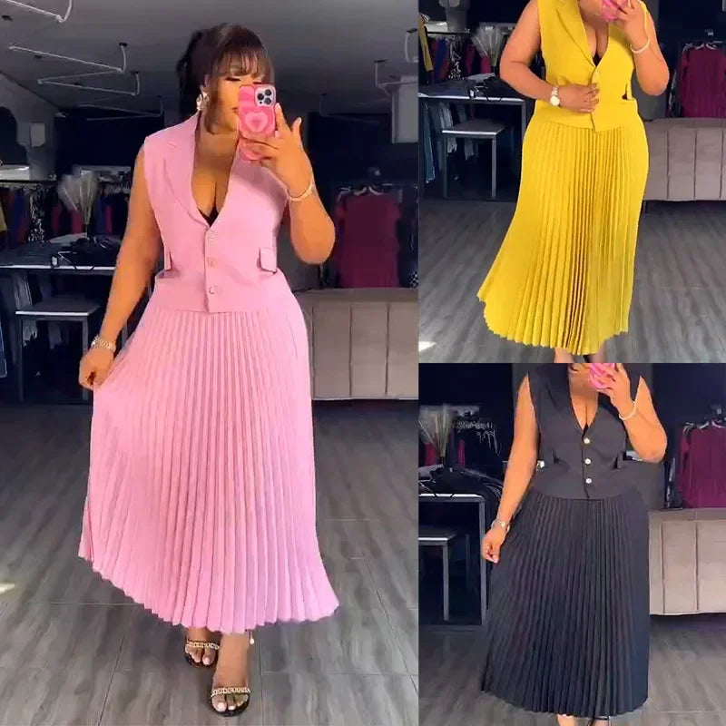 Maxy 2 Piece African Clothes for Women Summer Elegant African Sleeveless V-neck Polyester Top Pleat Skirts Dashiki African Clothes