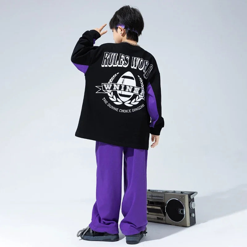 Maxy Kids Hip Hop Clothing Oversized Sweatshirt Top Purple Casual Wide Sweat Pants for Girl Boy Jazz Streetwear Dance Costume Clothes
