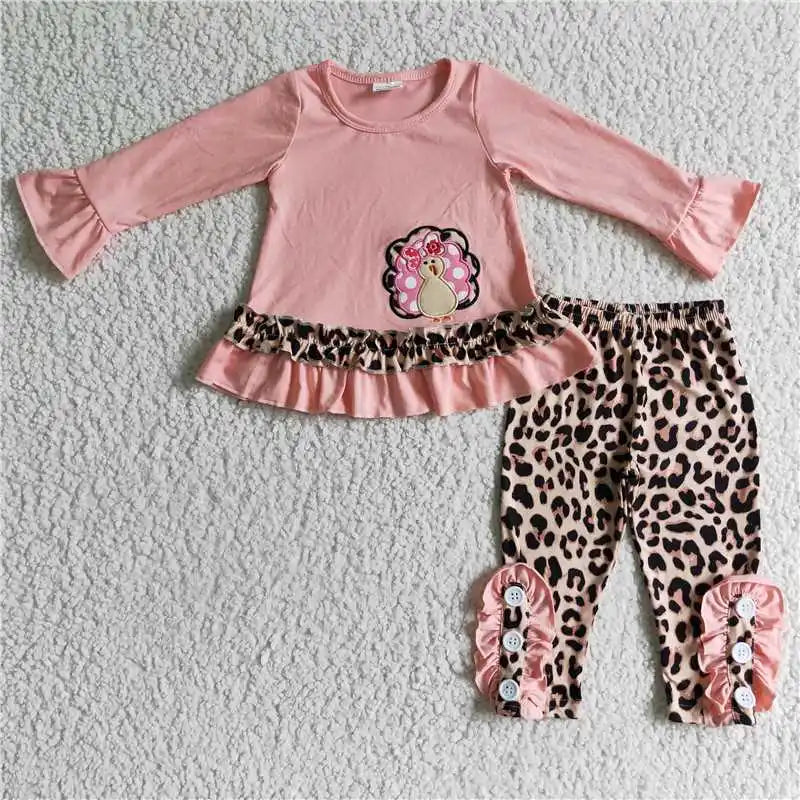 Maxy New Design Wholesale Low Light Pink Turkey Long Sleeve Shirt Leopard Pink Lace Print Pants Fashion Daily Wearing Kids