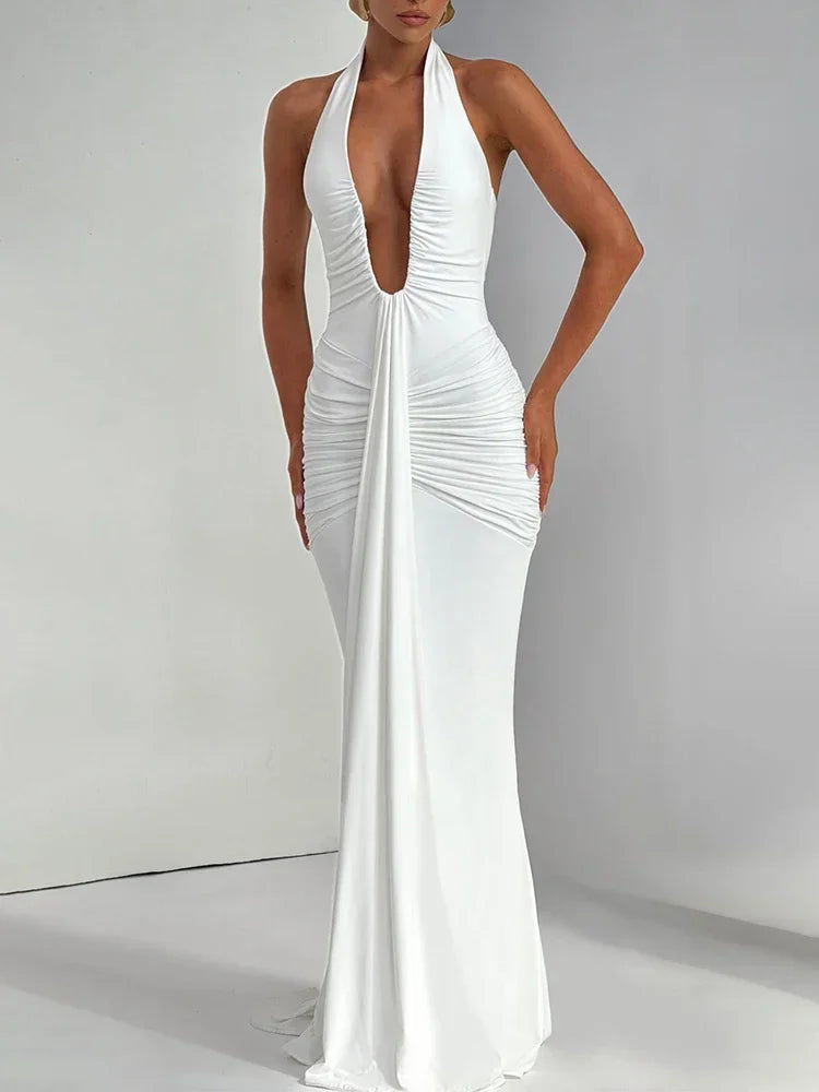 Maxy Deep V Neck Backless Sexy Maxy Dress Women Gown Summer Halter Sleeveless Draped Club Party Long Dress