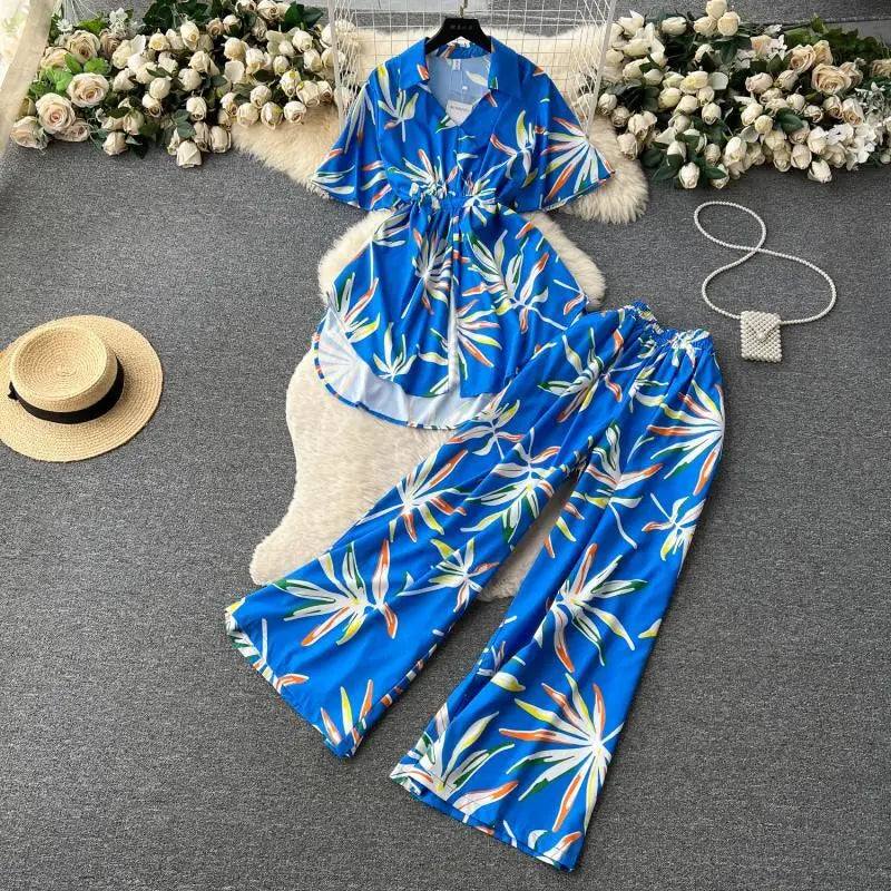Maxy Fashion Floral Two Piece Set For Women Print Short Sleeve Lapel Tops+High Waist Wide Leg Pants 2 Pieces Sets Summer Suit