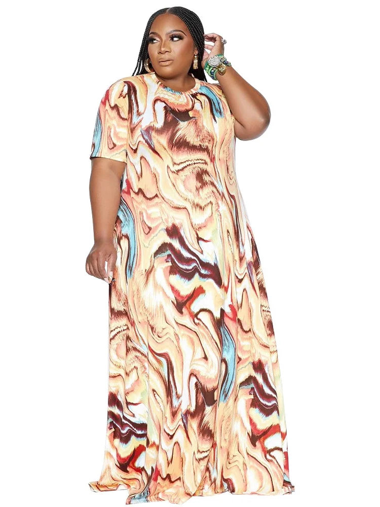 Maxy Plus Size Dresses for Women Printed Short Sleeve Loose Stretch Elegant Long New In Dress L-4XL