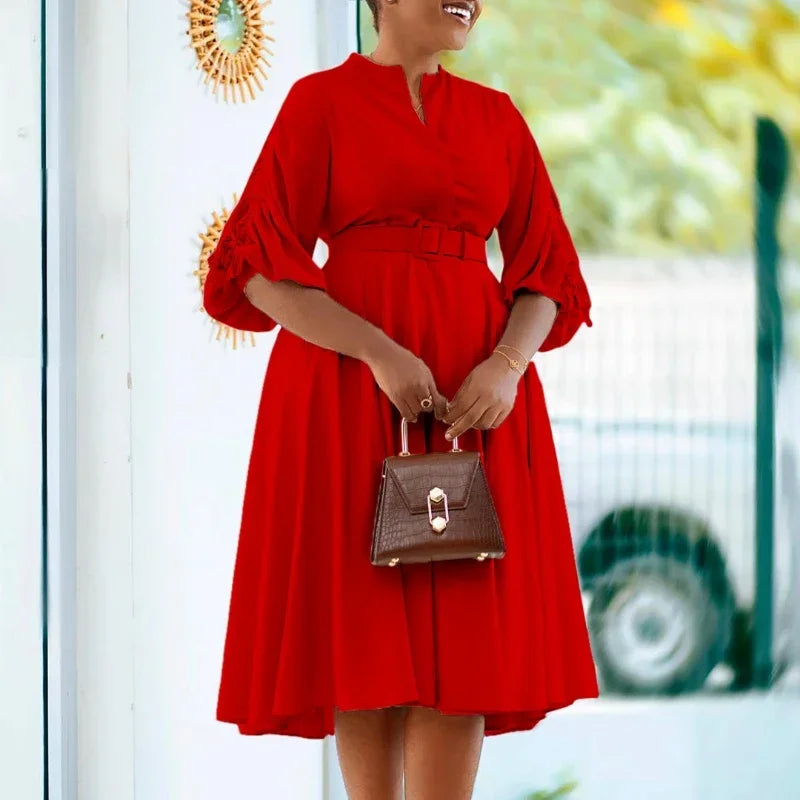 Modest A-Line Pleated Dress For Women Lantern Sleeve Draw String Autumn Fashion Robe With Belt Office Work Dairly Wear Clothing