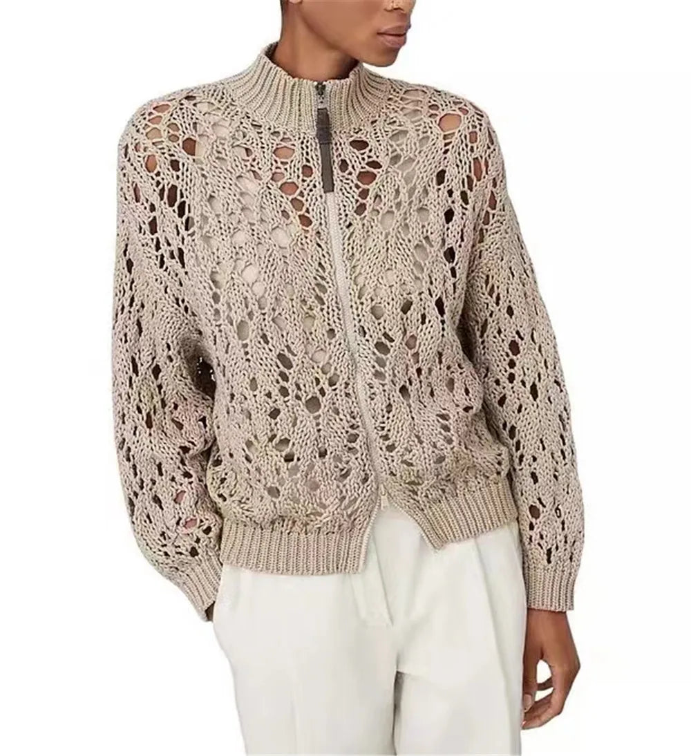 Maxy Autumn New Women's Zipper Beaded Knitted Cardigan Cotton Hollow Long Sleeve All-match Jacket