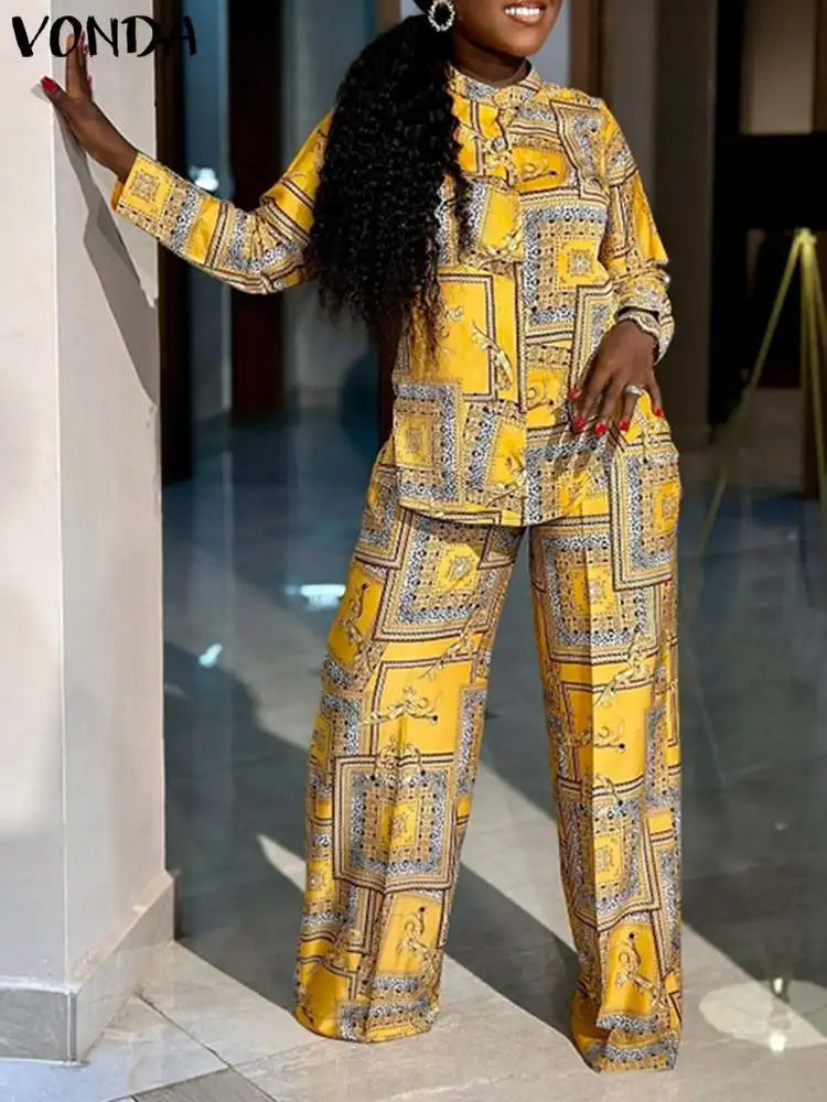 Maxy Women Elegant Printed Tops and Long Trousers Autumn Long Sleeve Pant Sets Casual Streetwear Matching Sets Oversized
