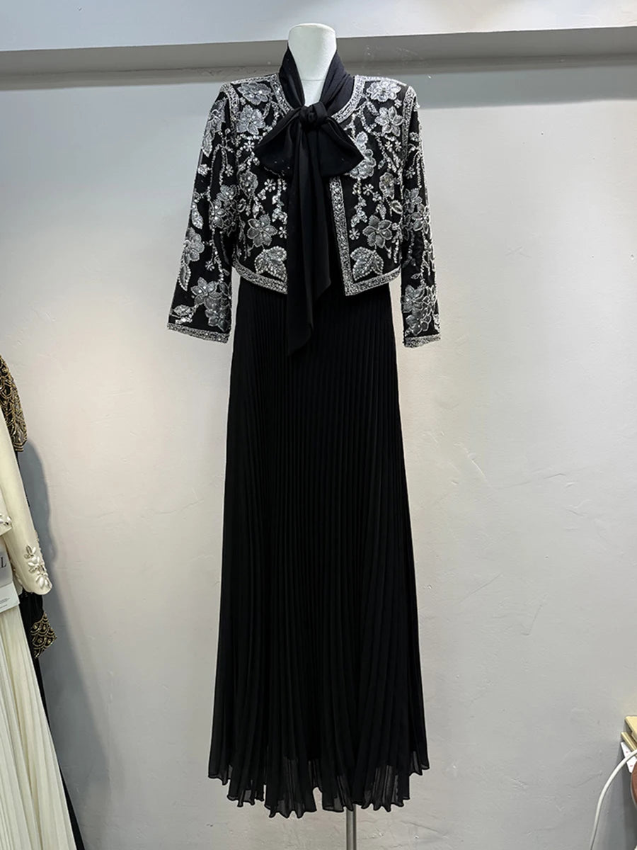 Maxy Luxury Two Piece Set for Women O Neck Short Cardigan Spliced Embroidery Scarf Collar Maxy Dress Office Lady Suit Female New