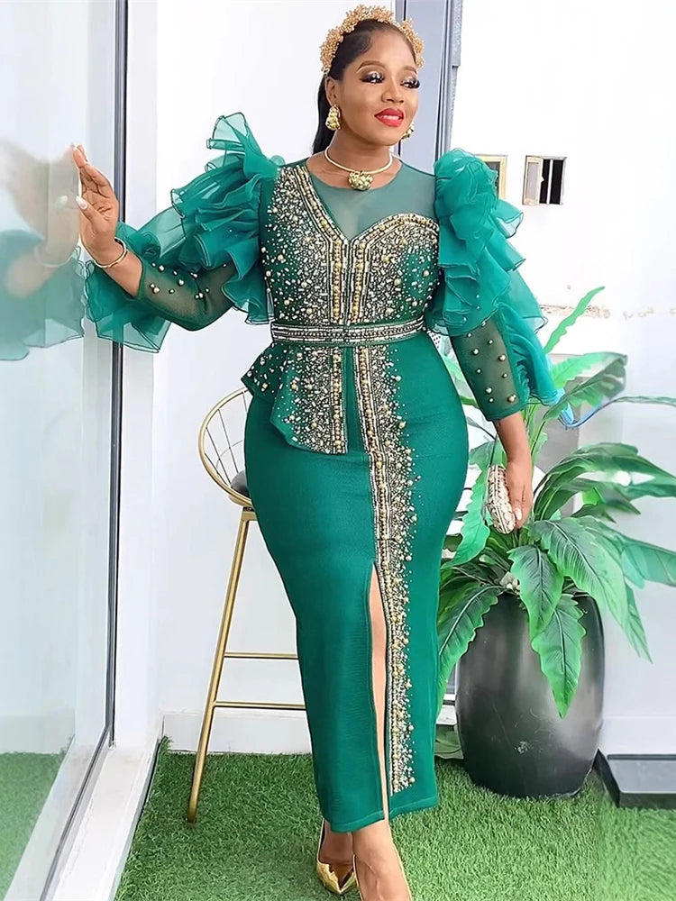 Amay Luxury Vintage Dresses For Women Wedding Party Prom Evening Gown Long Sleeve Dress Dashiki Beaded Robe Turkey Clothing