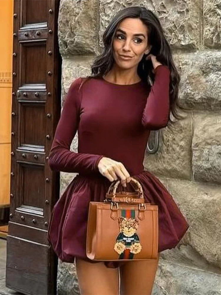 Maxy Trendix Pleated Skirt 2 Piece Sets Women Burgundy Bodycon Long Sleeve Shirts Vintage Fashion High Waist Dress Suits Winter