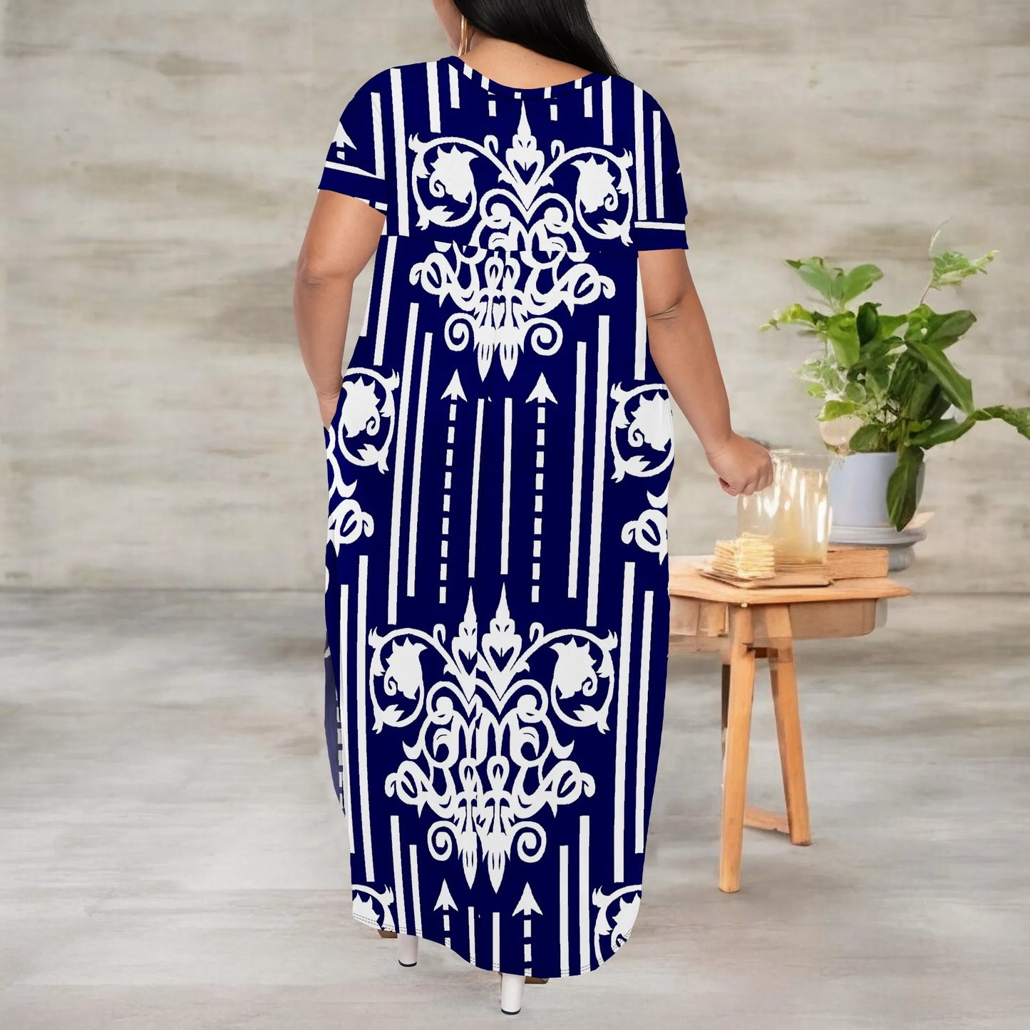 Maxy Plus Size V-Neck Short Sleeve Dress Navy White Stripe Scroll Print Elegant Summer Wear
