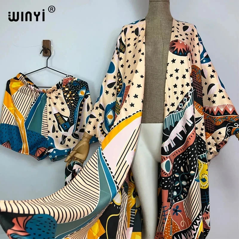 Maxy new summer beach two piece set for women Bohemian Print long Sleeve trab Dress Women Floor Length New vacation kimono