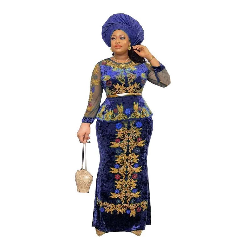 Velvet African Dresses for Women Dashiki Long Sleeve Robe African Dress Africa Clothes Christmas Diamond Maxi Dress No Headtie