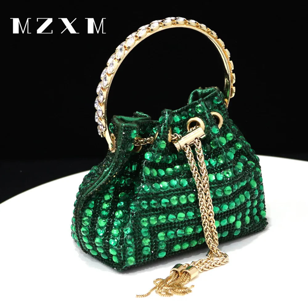 Maxy New Rhinestones Women Evening Bags Bucket Design Party Day Clutch Soft Mixed Color Shoulder Chain Handbags Purse
