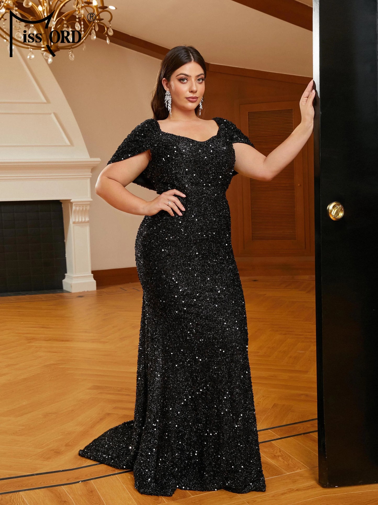 Momsey New Plus Size Black Draped V-neck Short Sleeved Sequin Mermaid Evening Floor Length Dress