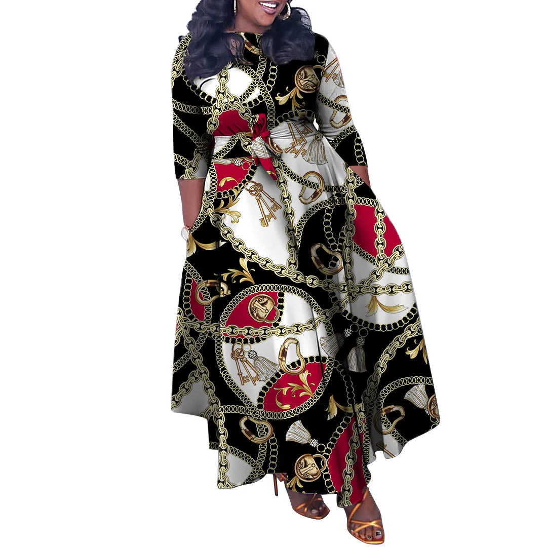 Amay Plus Size Print Elegant Dress Autumn Winter Female Loose Wide Long Robe Women Fashion Casual Cloth Large Size Party Dress
