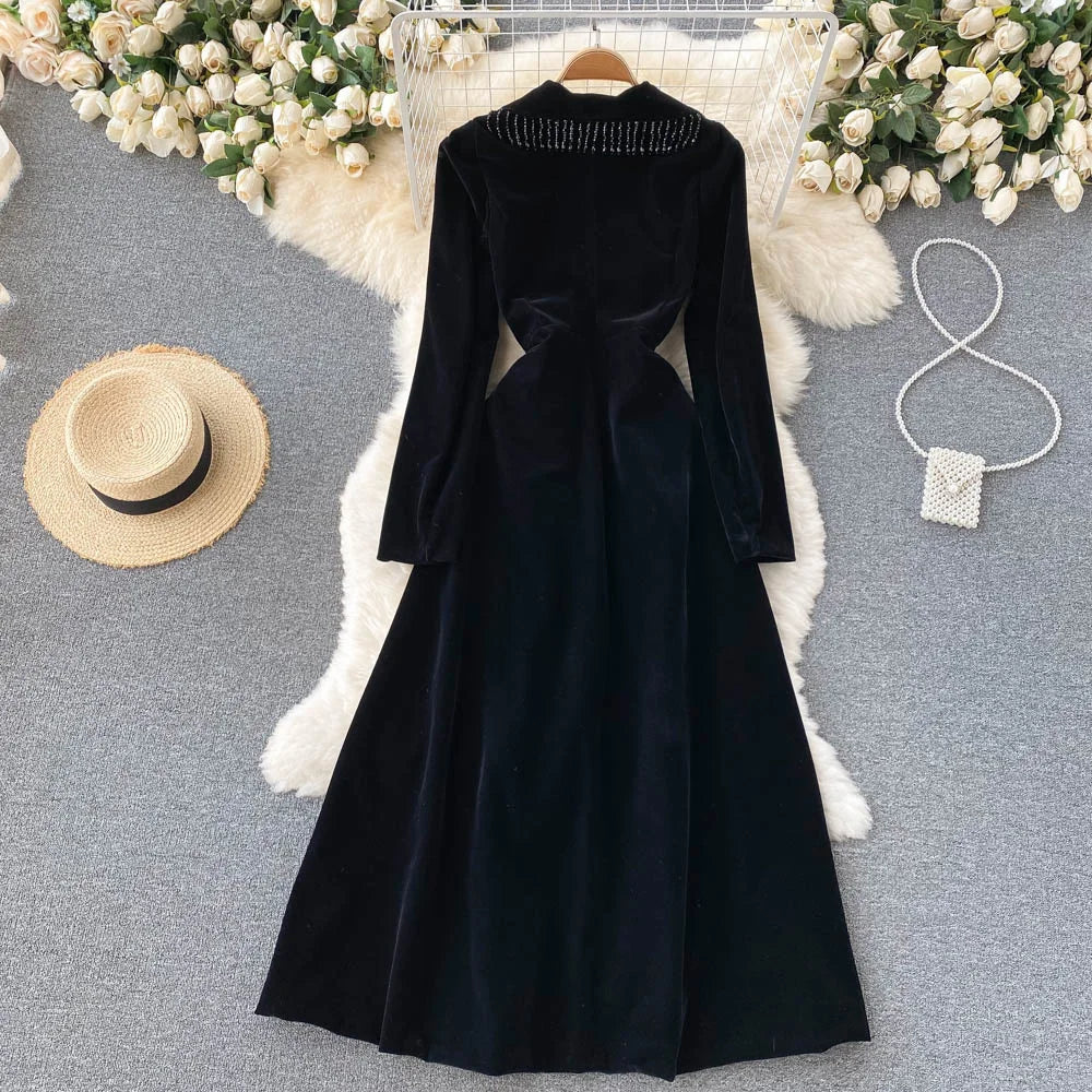 Maxy Autumn Winter Women Black Velvet Dress Vintage Bling Tassel Notched Collar Suit Coat Trench Party Dress