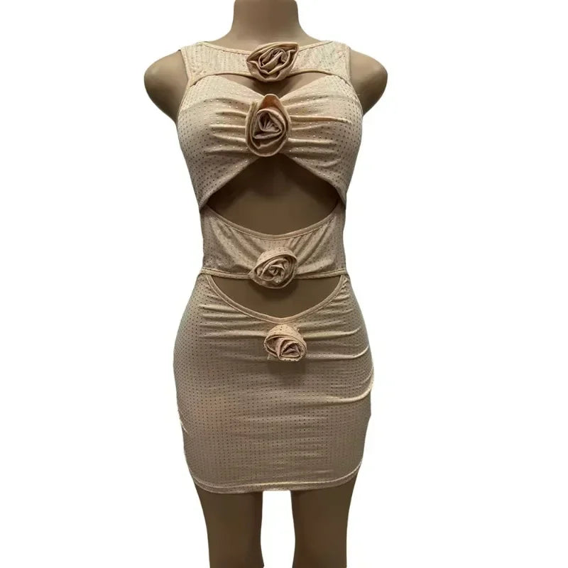 Maxy Sexy Luxury Diamonds 3D Flowers Mini Dress Women Sleeveless Cut Out Sparkly Rhinestone Bodycon Dress Celebrity Cocktail Party
