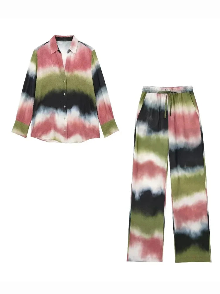 Maxy Vintage Oversized Casual Tie Dye Women Suit Fashion Summer Long Sleeve Chic Shirts Long Wide Leg Pants Holiday Set