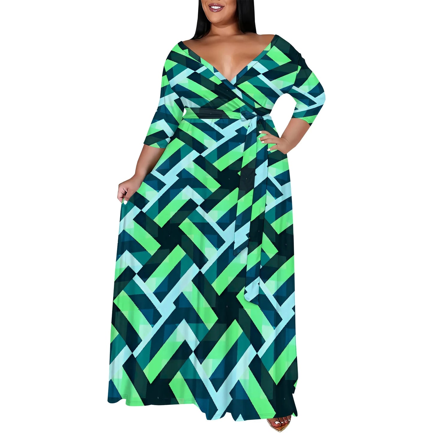 Amay Plus Size Boho Wrap Maxy Dress Orange Blue Geometric Print V Neck Half Sleeve Casual Look