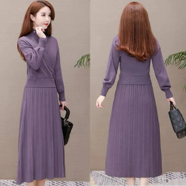 Maxy Elegant Half Turtleneck Sweater Dress 2 Piece Set Sleeveless Winter Vest + Midi Knitted Dresses Suit Large Size Women Outfits