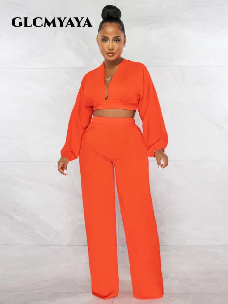 Amay Elegant Solid Straight Wide Leg Pants Suit for Women Long Sleeve Deep V-neck Blouse Shirt Fashion Two 2 Piece Set Outfit