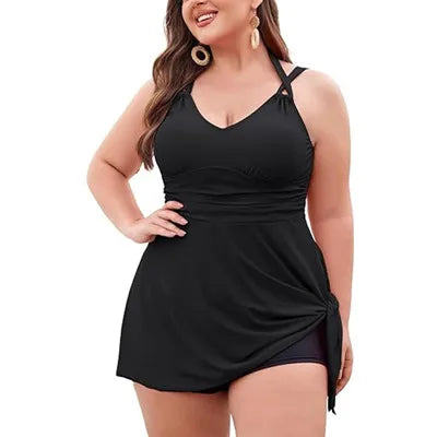 Maxy Women Plus Size Swimwear Two Piece Black Tankini Swim dress V Neck Halter Floral Asymmetrical Hem Skirted Swimsuits with Boyshort