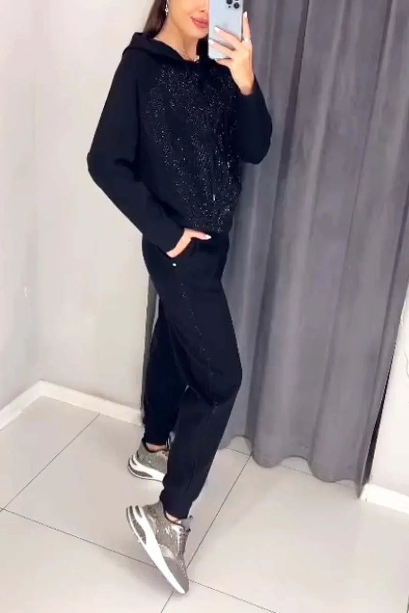 Sweatpants Suit Womens Set Fashion Diamonds Patchwork Hoodies Autumn Long Sleeve Two Piece Outfits Winter Sportwear Tracksuits