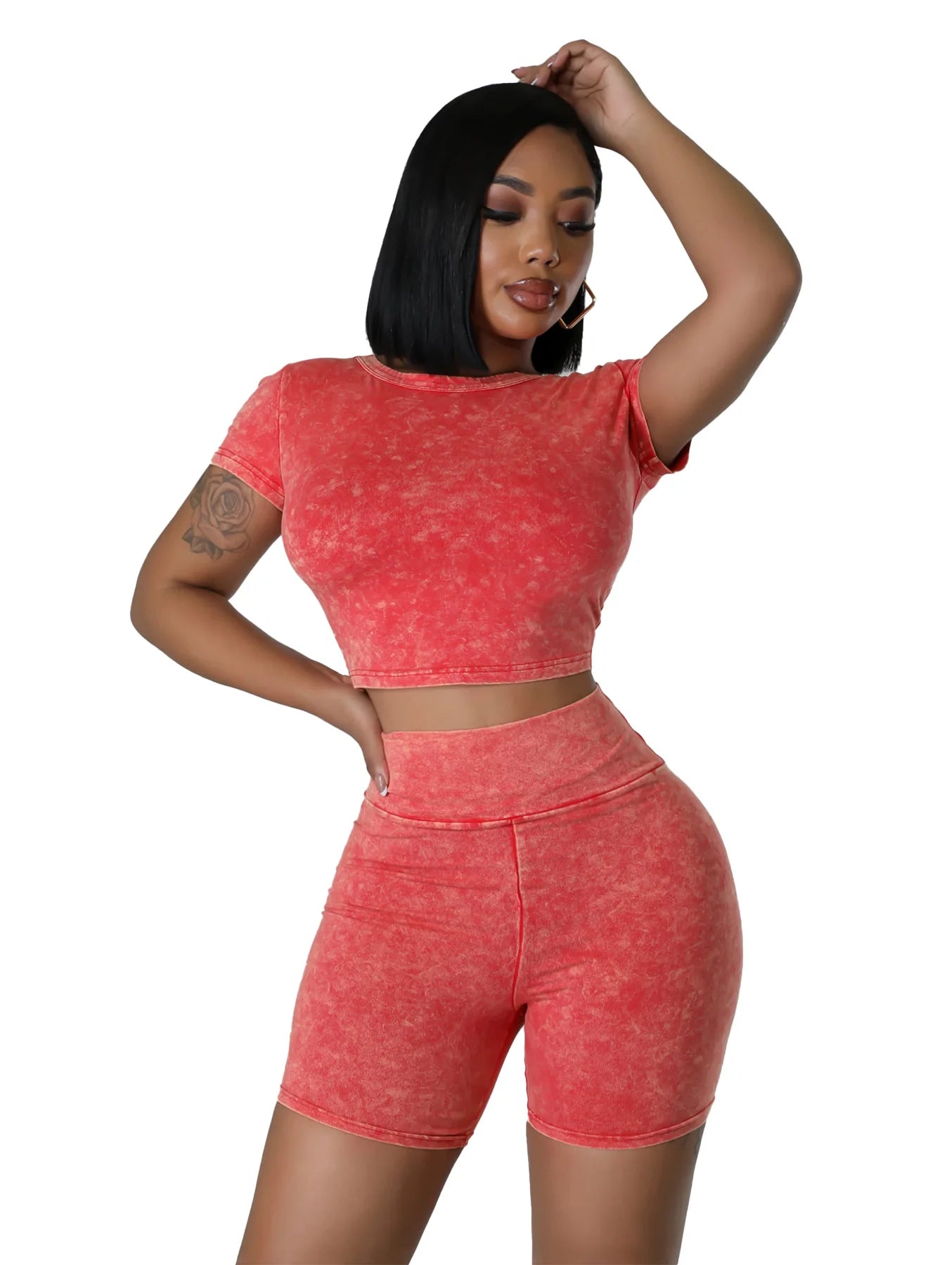 Maxy Acid Washed Women 2 Piece Set Fitness Short Sleeve Crop Top Skinny Biker Shorts Matching Set 2024 Summer New Fashion Tracksuits