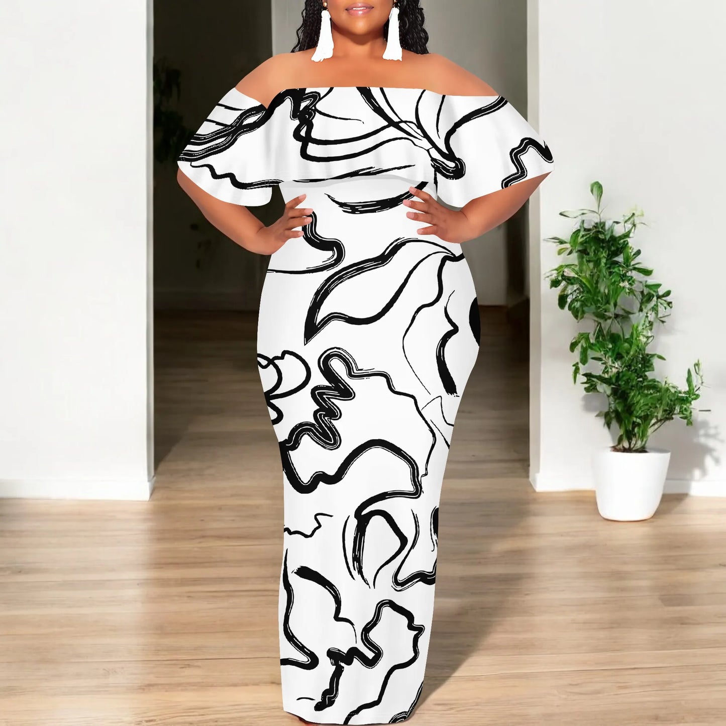 Maxy Black White Sketch Art Print Plus Size Off Shoulder Dress Summer Casual