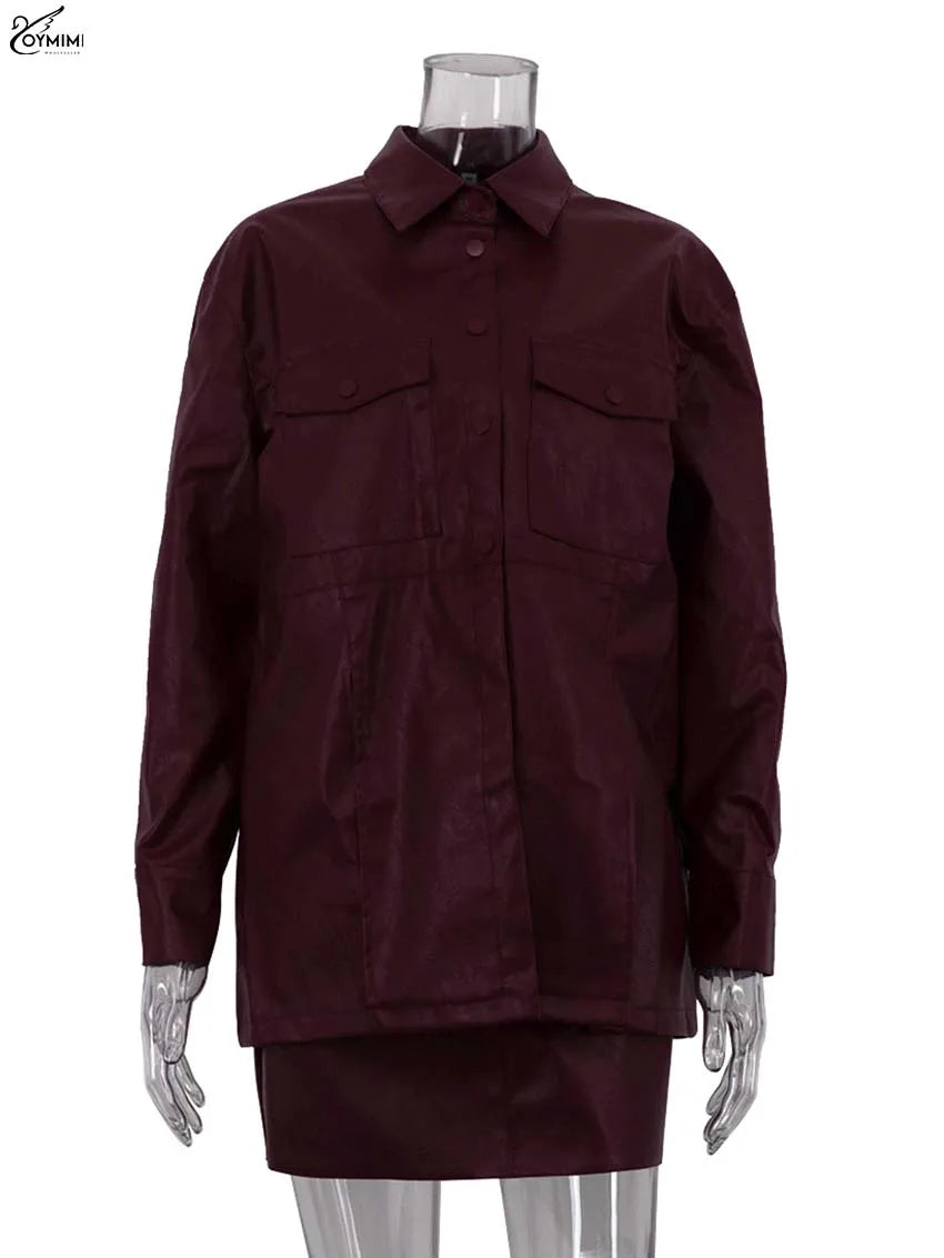 Maxy Ommi Fashion Wine Red Pu Leather Women's Two Pieces Set Elegant Long Sleeve Button Shirts And Spaghetti Strap Mini Dress Sets