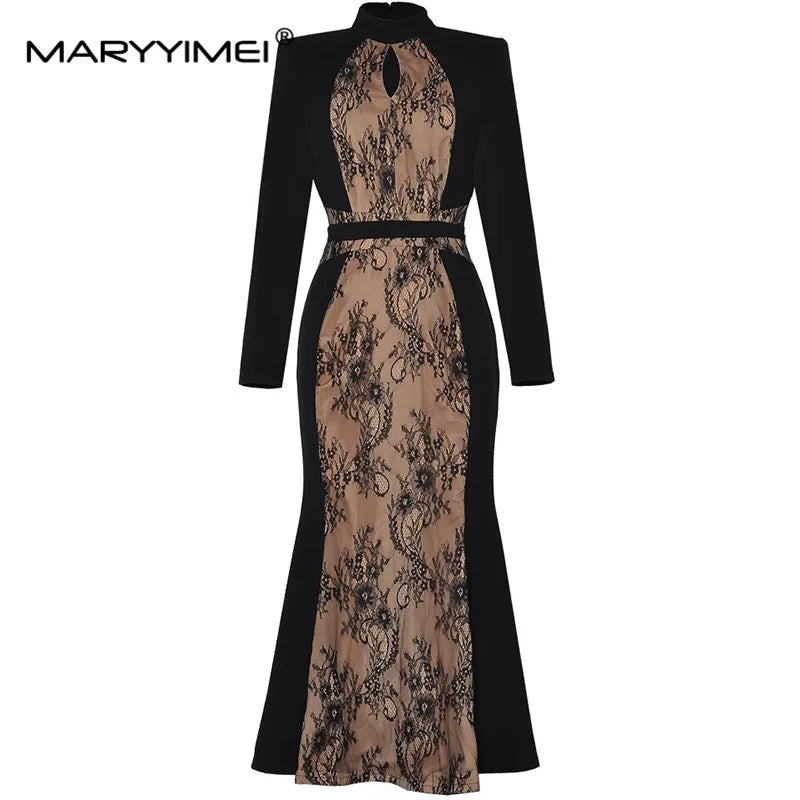 Amay Autumn and Winter Women's Dress Stand collar Long-Sleeved High waist Hollow Out Pretty Slim-Fit Hip Wrap Mermaid Dress
