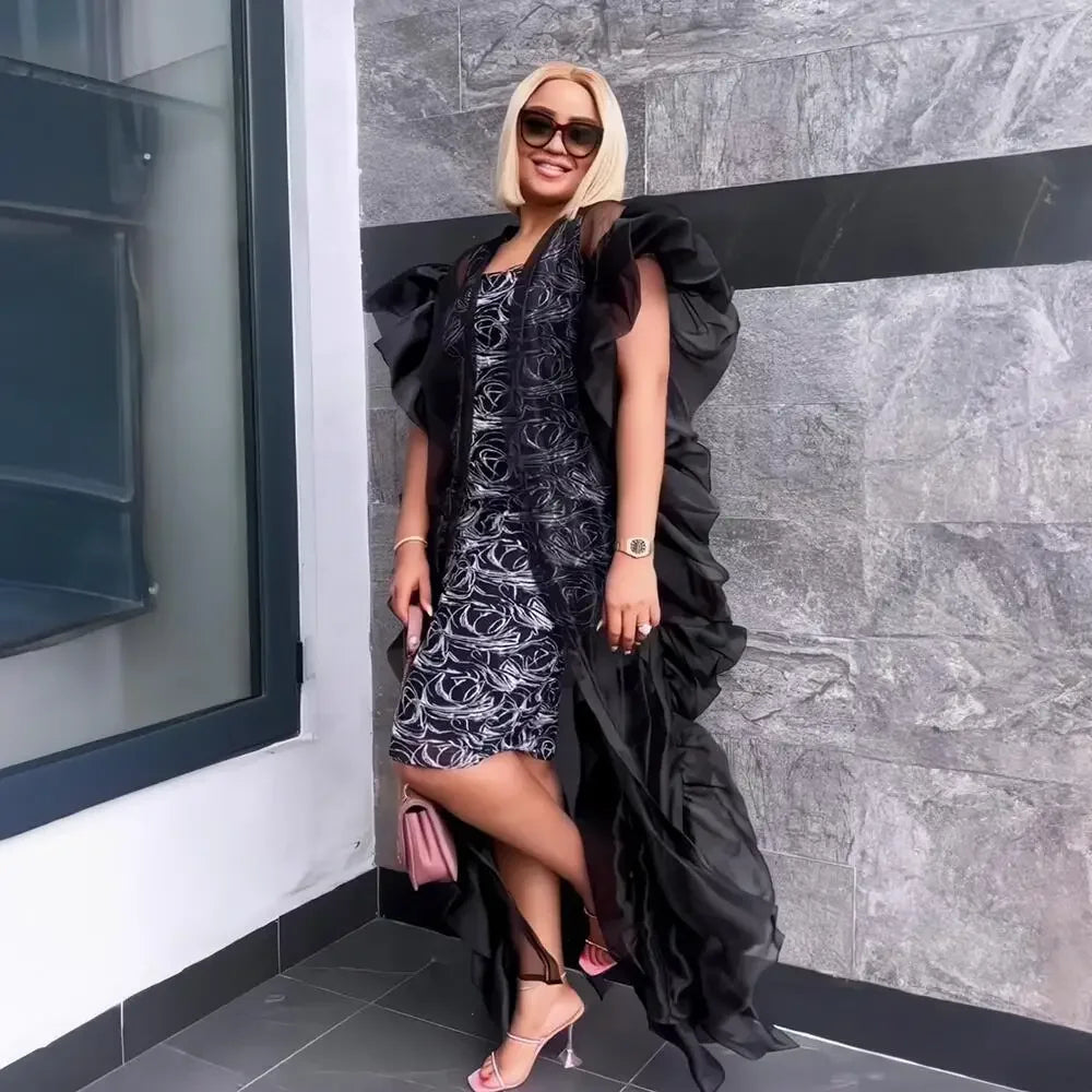 Maxy Dashiki African Evening Dresses for Fashion Women Mesh Ruffle Open Abaya Elastic Print Inner Dress Set Turkey Wedding Femme Gown