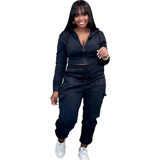 Macy Hooded Jacket Sweatshirt and Sweatpants Woman Plush Two Piece Tracksuit Long Sleeve Zipper Crop Top Legging Set