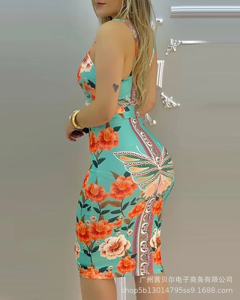 Maxy Two Piece Set Women Outfit Summer Butterfly Floral Print Square Neck Sleeveless Crop Vest & Casual High Waist Skinny Skirt Set