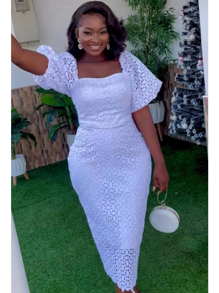 Amay Dresses for Women Puff Sleeve Plus Size Turkey Sequin Evening Lace Wedding Party Long Dress