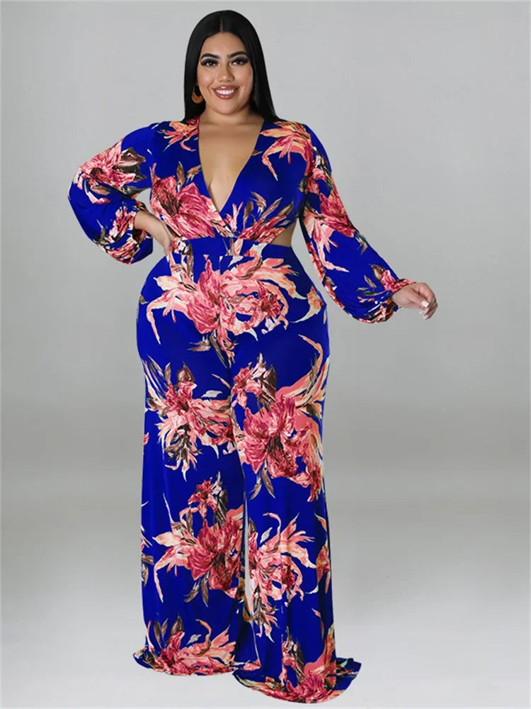Amay Plus Size Jumpsuit Women Fall Clothes Print One Piece Outfits V Neck Wide Leg Office Ladies Romper