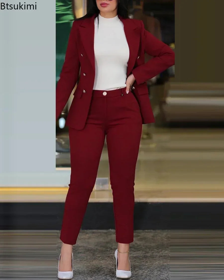 Maxy Women's Formal Office Pant Sets 2PCS Double Breasted Solid Blazers Jacket and Pants Two Pieces Set Female Pant Suits