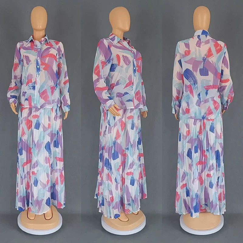 Amay Clothes for Women Summer Long Sleeve Print Party Evening 2 Piece Top Skirts Matching Sets Outfits